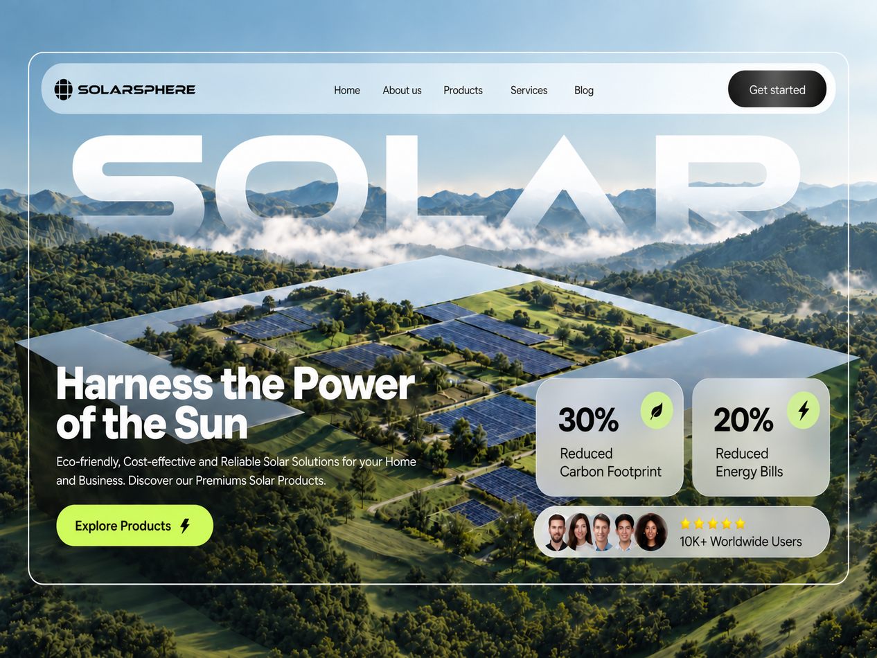 Landing page for a solar energy company with an aerial landscape and bold typography