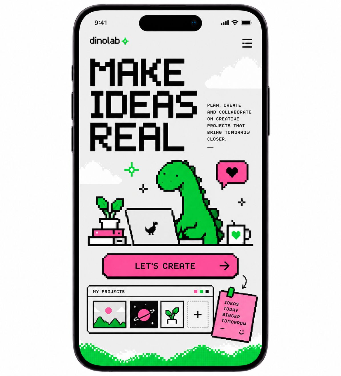 Phone showing a playful pixel-art app interface