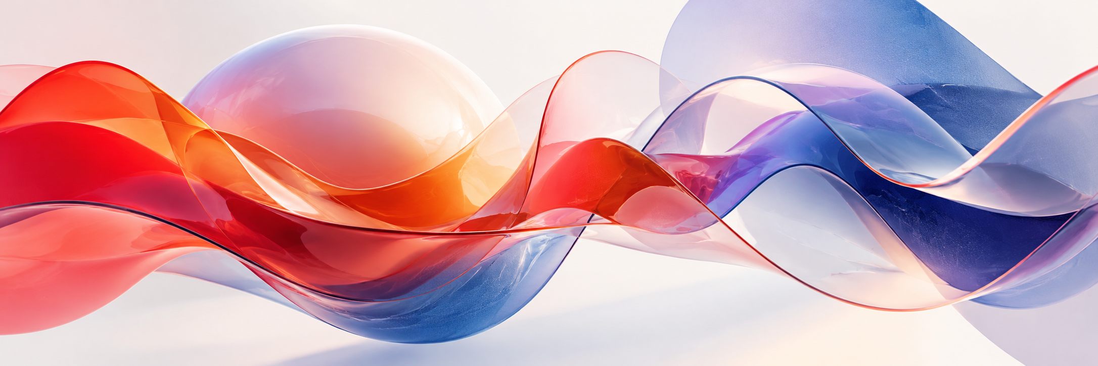 Translucent glass ribbons in red, orange and blue flowing across a light background