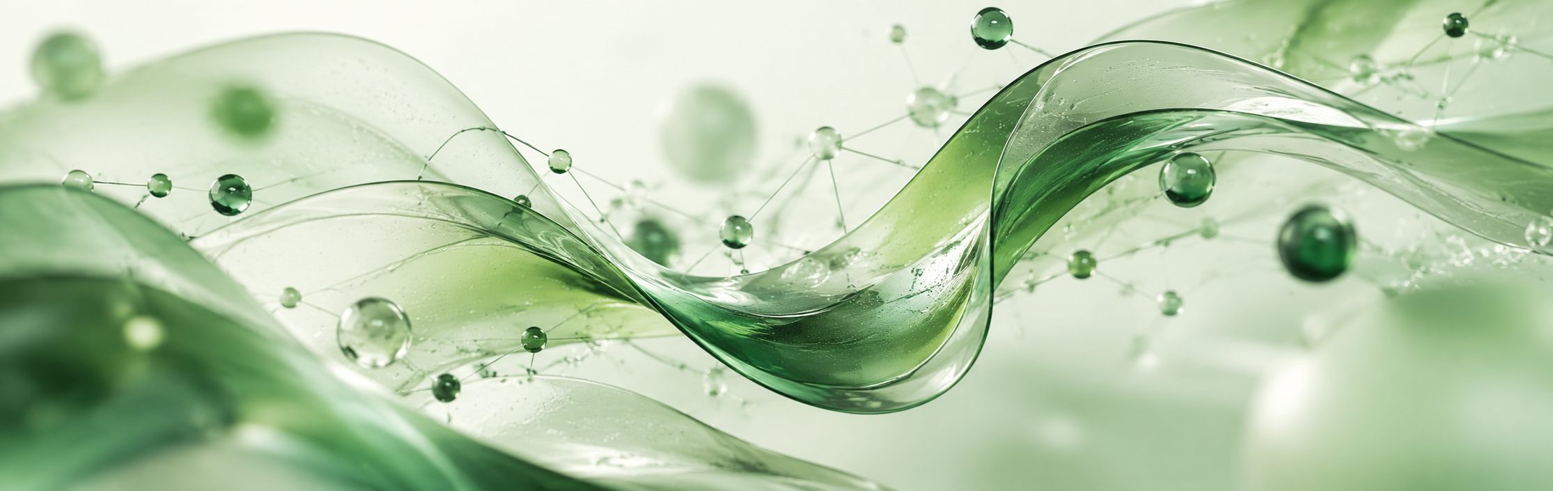 Green glass wave with floating droplets linked like molecules